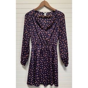 Bar III Navy Faux Wrap Bird Print Missoula Minidress fall long sleeve S